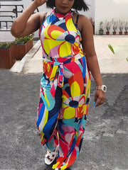 Abstract Floral Print Mock Neck Jumpsuit With Belt