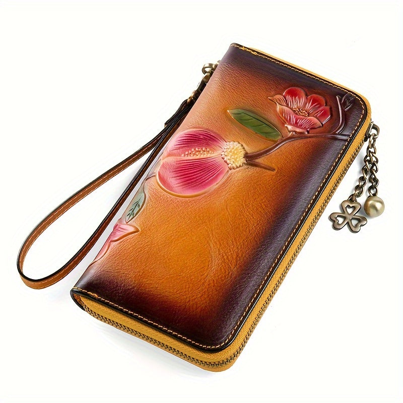 Vintage Floral Leather Long Wallet with Wristlet