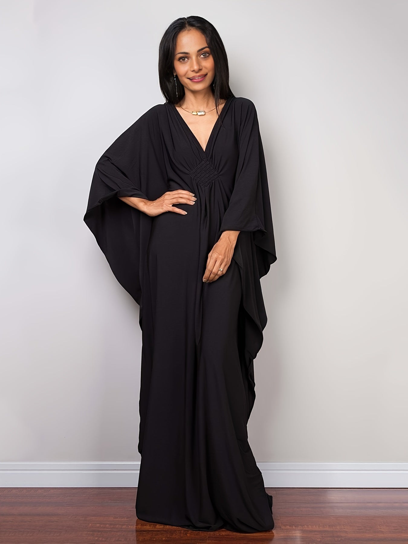 Solid Batwing Sleeve V Neck Beach Kaftan Cover Up