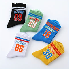 5pairs Boys Kids Number Print Crew Socks Casual Sports Socks