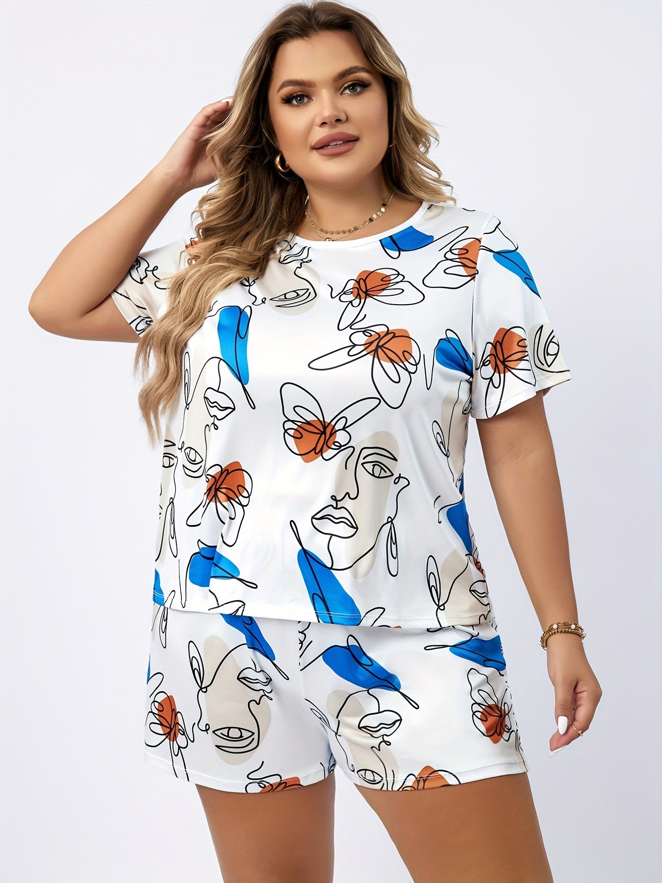 Women's Plus Abstract Face Print Short Sleeve Top & Shorts Pajamas Set