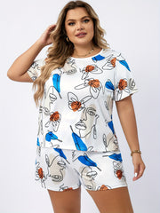Women's Plus Abstract Face Print Short Sleeve Top & Shorts Pajamas Set