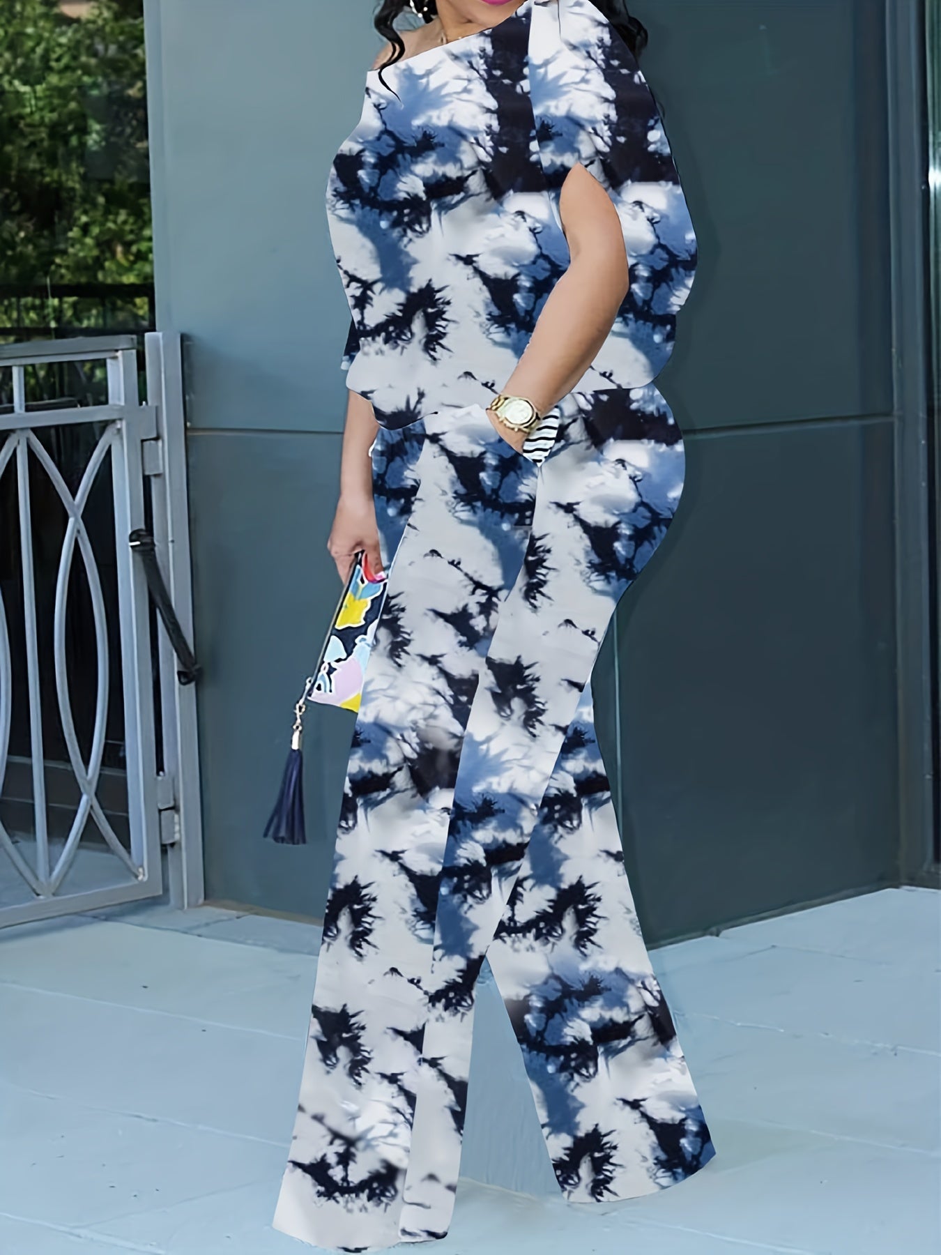 Plus Size Stripe One Shoulder Top & Pants Set