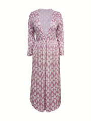 Women's Plus Water Drops Print Long Sleeve Deep V Neck Ruched Maxi Dress