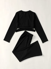 Girls Ribbed Cut Out Top & Flared Pants Set