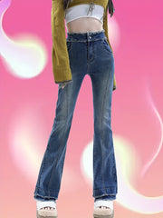 Frayed Trim Pintuck Jeans High Waist Slim Fit Flared Jeans