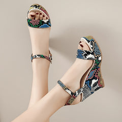 Snakeskin Wedge Sandals Ankle Strap Platform Heel