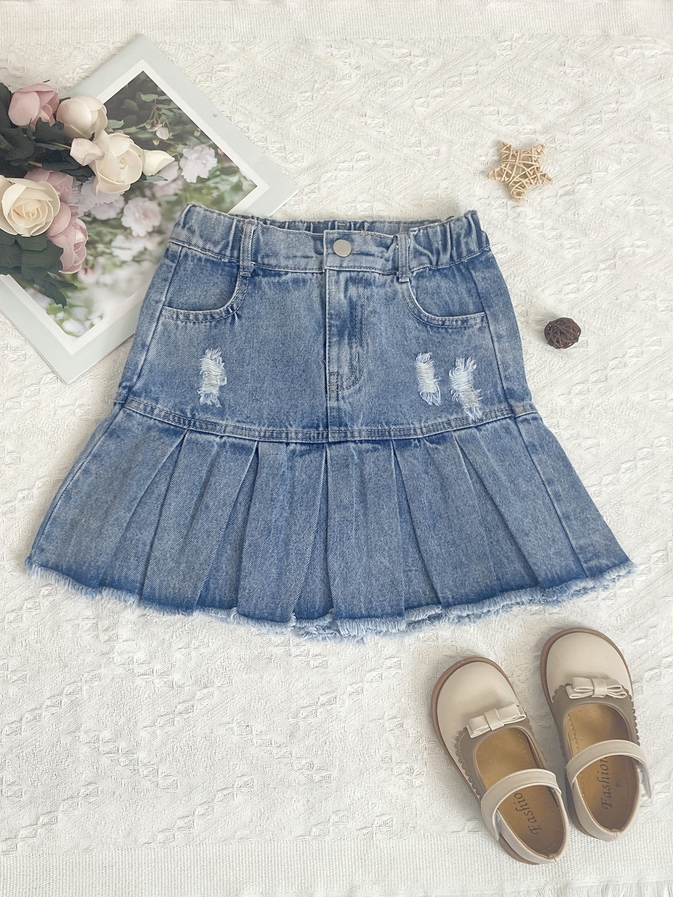 Girls Pleated Elastic Waist Denim Skirt 8-11 Years