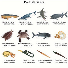 12pcs Prehistoric Animal Models: Sea Turtles, Leeds Fish, Taiman Fish, D