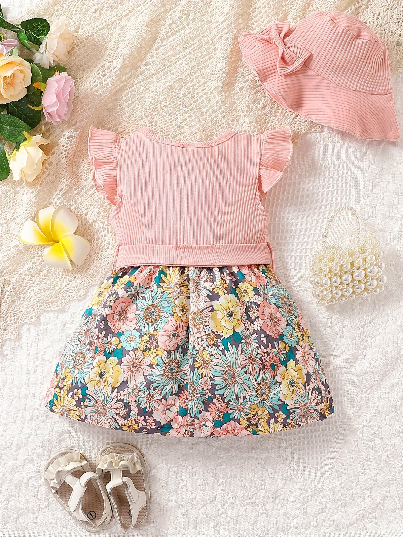 Baby Girls Floral Stitching Dress With Hat Belt 3pcs Set