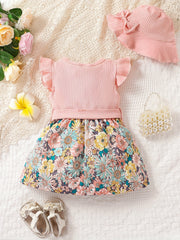 Baby Girls Floral Stitching Dress With Hat Belt 3pcs Set