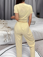 Cartoon Print Lounge Set Short Sleeve Crew Neck Top & Elastic Waistband Pants