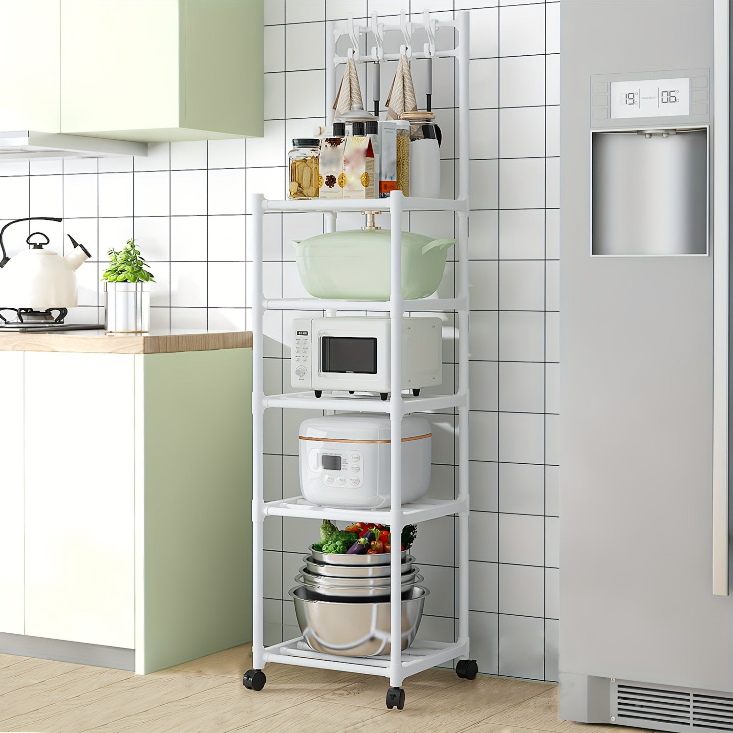 5-Layer Kitchen Storage Rack with Pulleys & Hooks