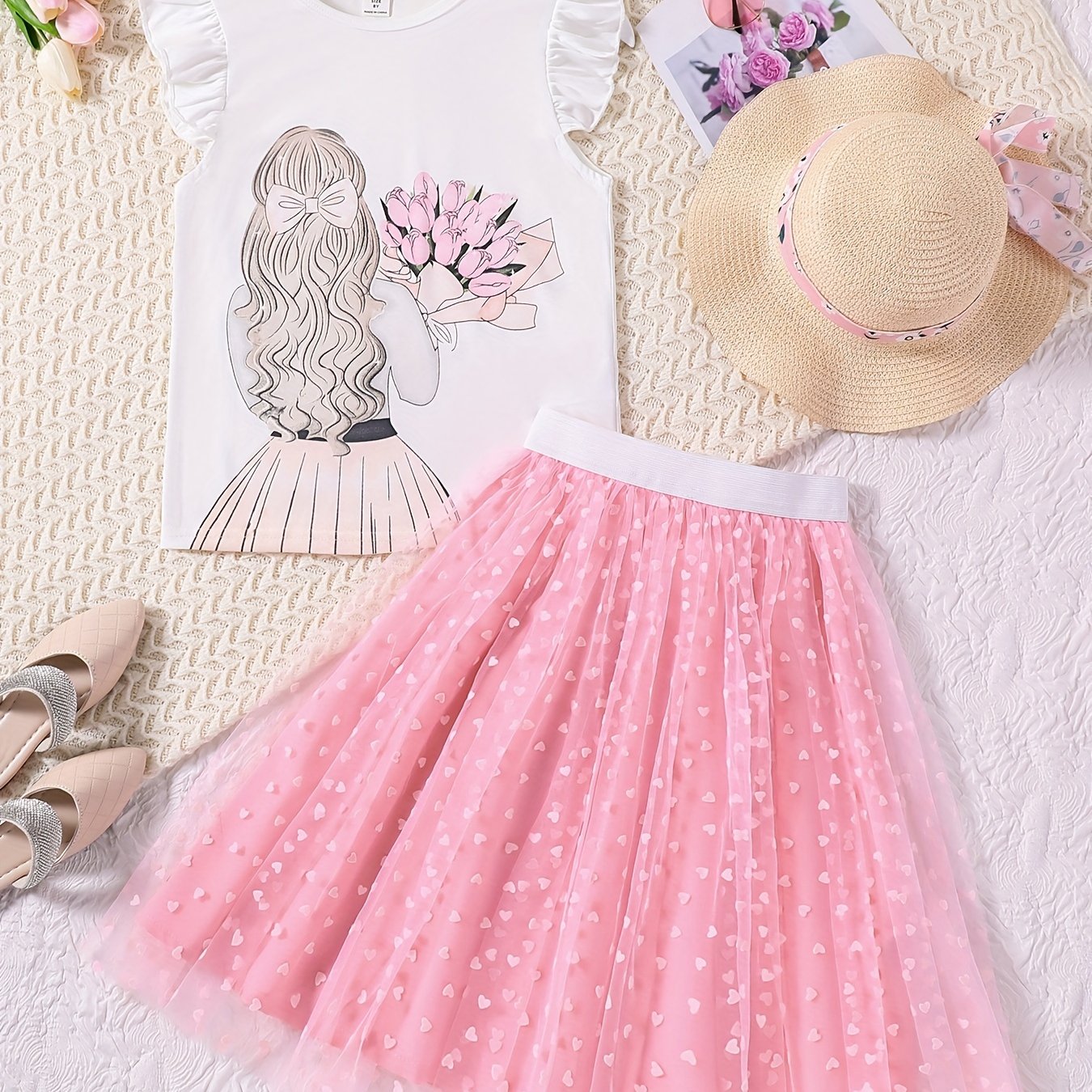 2Pcs Girls' Cartoon Portrait T-Shirt & Polka Dots Tutu Skirt Set