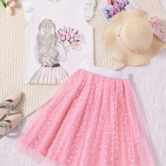 2Pcs Girls' Cartoon Portrait T-Shirt & Polka Dots Tutu Skirt Set