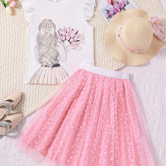 2Pcs Girls' Cartoon Portrait T-Shirt & Polka Dots Tutu Skirt Set
