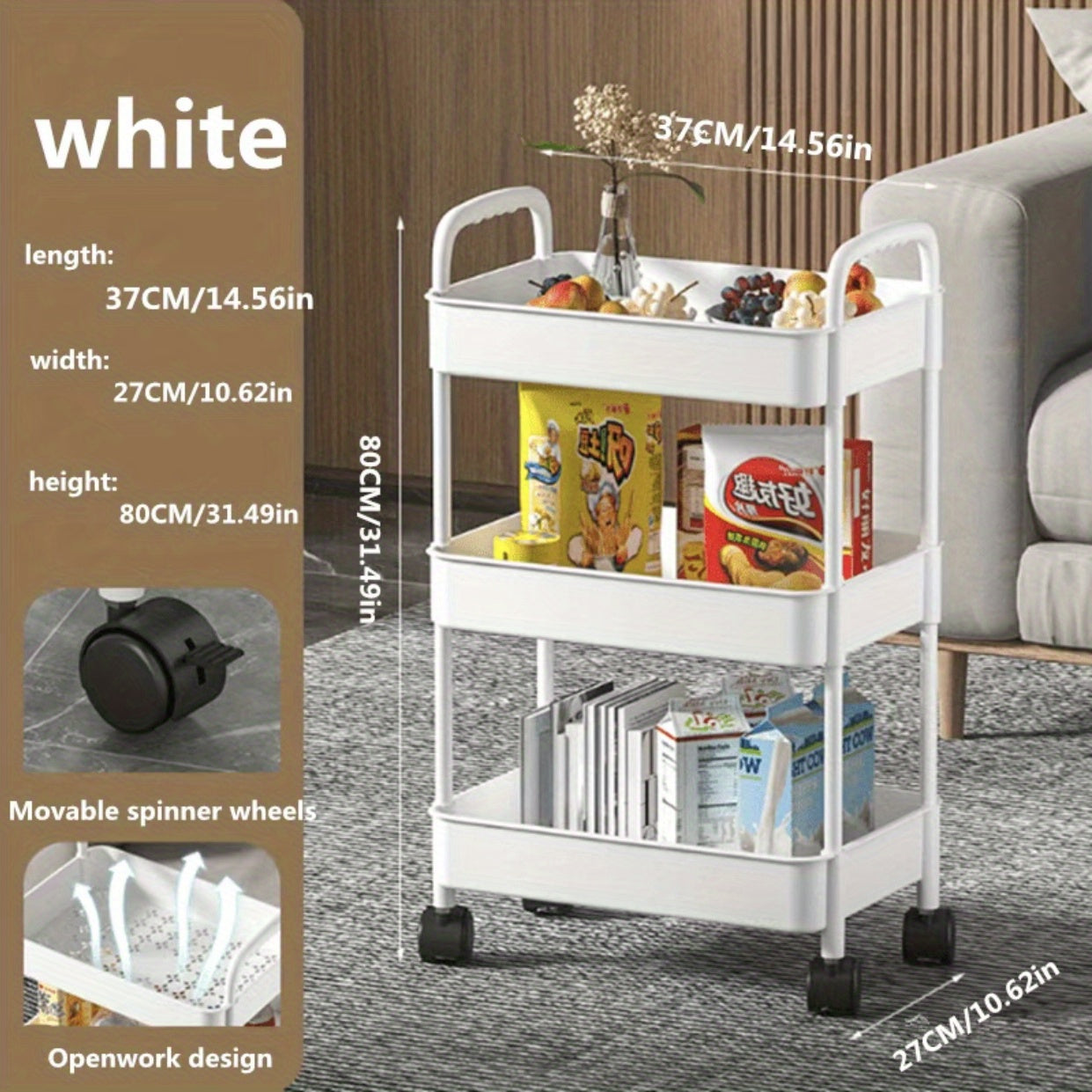 1pc Mobile Storage Cart with Wheels Convenient Floor Storage Rack