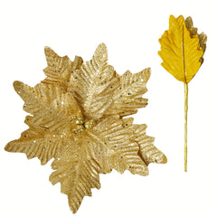 4pcs Christmas Flower Head - 24cm Artificial, Flashing Silvery Gold Brown