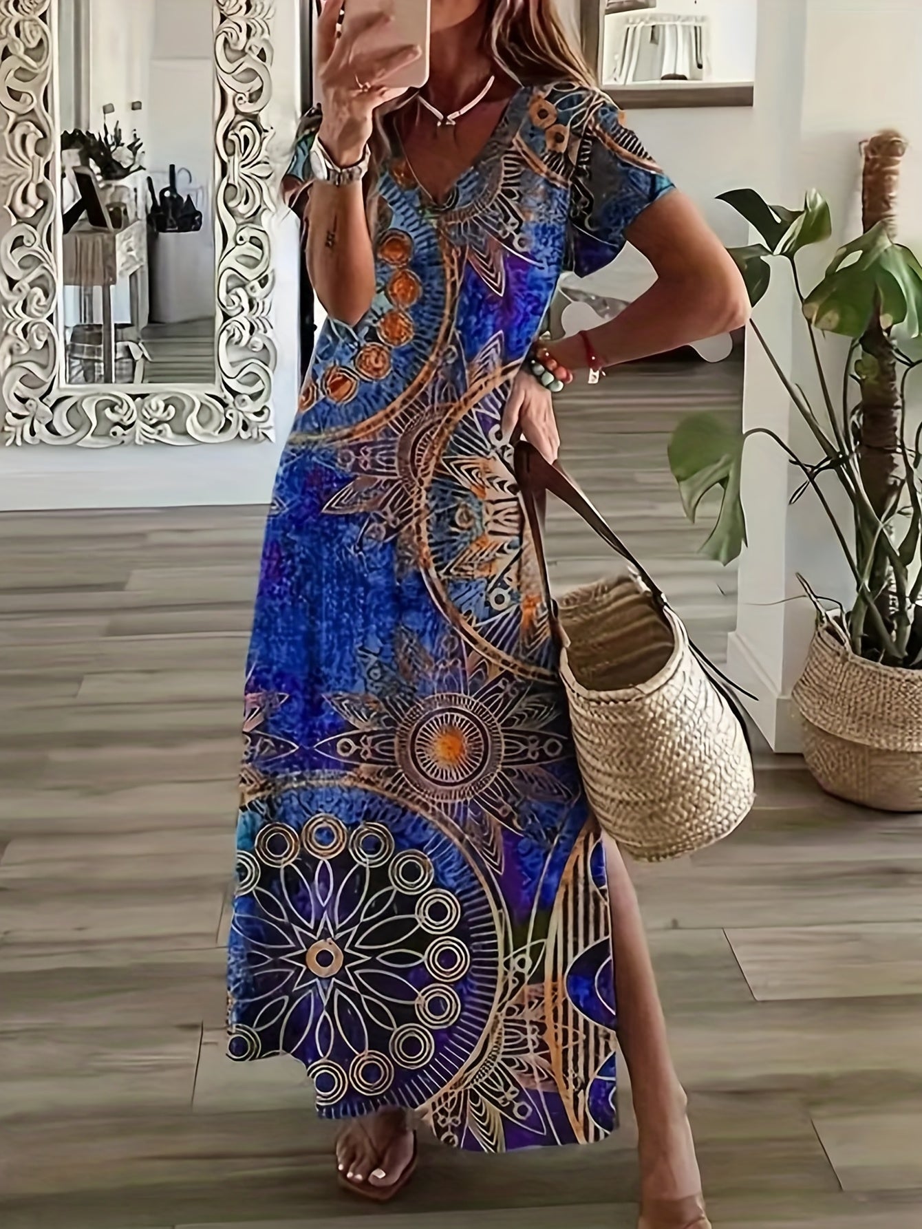 Vintage V Neck Maxi Dress Women's Clothing