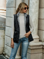 Solid Zip Up Vest Stand Collar Sleeveless Vest With Pockets