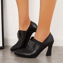 Rhinestone Bow High Heels Pointed Toe Slip On Dress Shoes