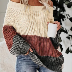 Off Shoulder Block Knit Sweater Long Sleeve Casual Loose