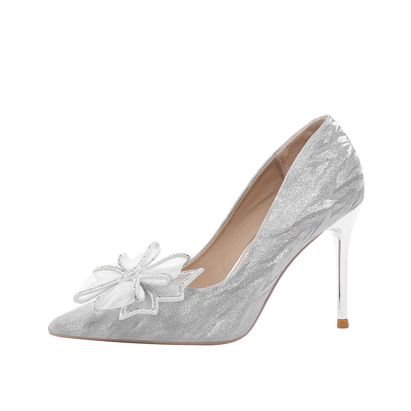 Bow Decor Pointed Toe Pumps High Heeled Wedding Bridal Shoes