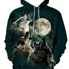 Men's Wolves 3D Print Hoodie, Kangaroo Pocket, Comfy Loose Pullover