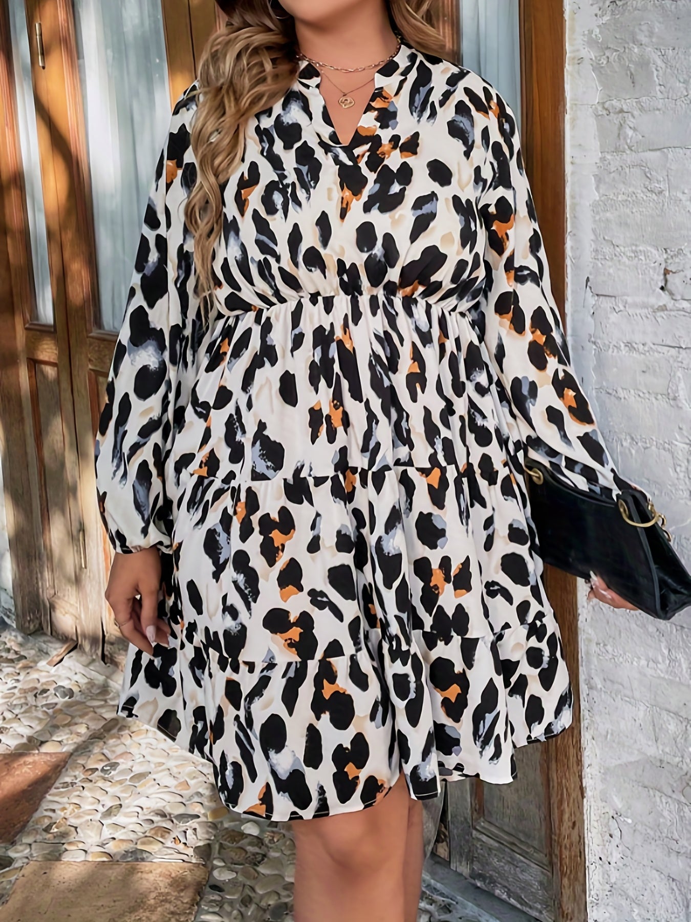 Leopard Print Lantern Sleeve A-line Dress