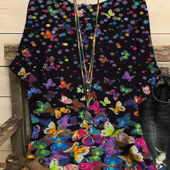 Colorful Butterfly & Dot Print Batwing Sleeve Round Neck Shirt Top