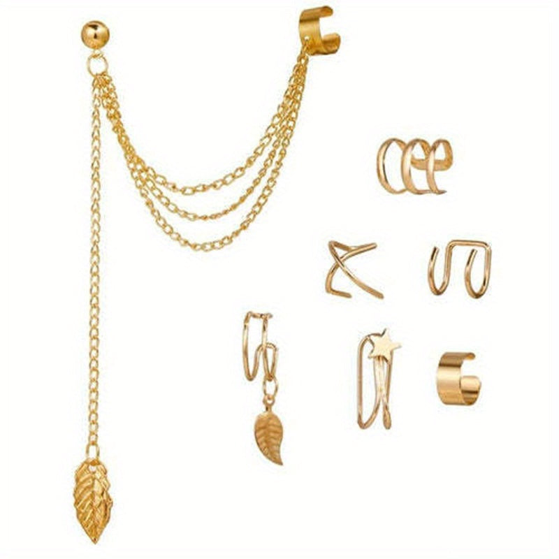 7pcs Iron Leaf Tassel Earring Clip Set