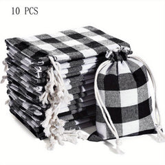 10pcs Christmas Plaid Cotton Burlap Bag Drawstring Pocket Candy Ornament Packagi