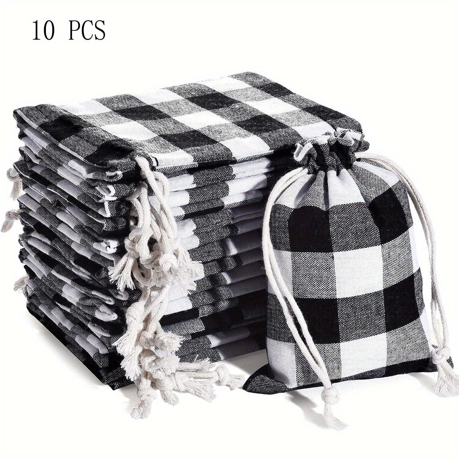 10pcs Christmas Plaid Cotton Burlap Bag Drawstring Pocket Candy Ornament Packagi