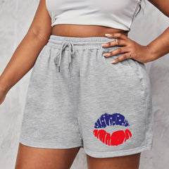 Flag Lips Print Drawstring Stretch Shorts