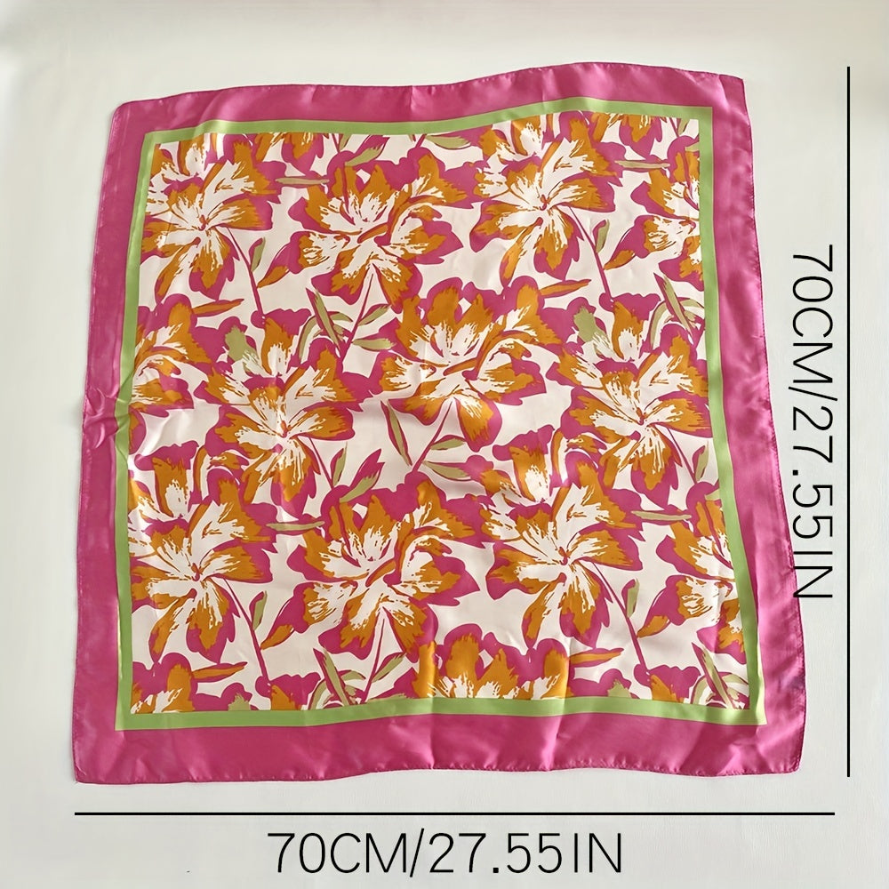 Flower Print Silk Square Scarf Bandana Head Wrap for Women