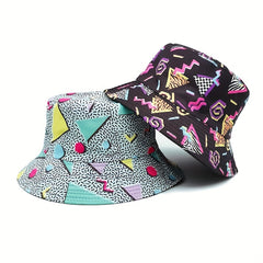 Geometric Print Fisherman Hat Double-sided Bucket Hat Spring Summer Sunscreen
