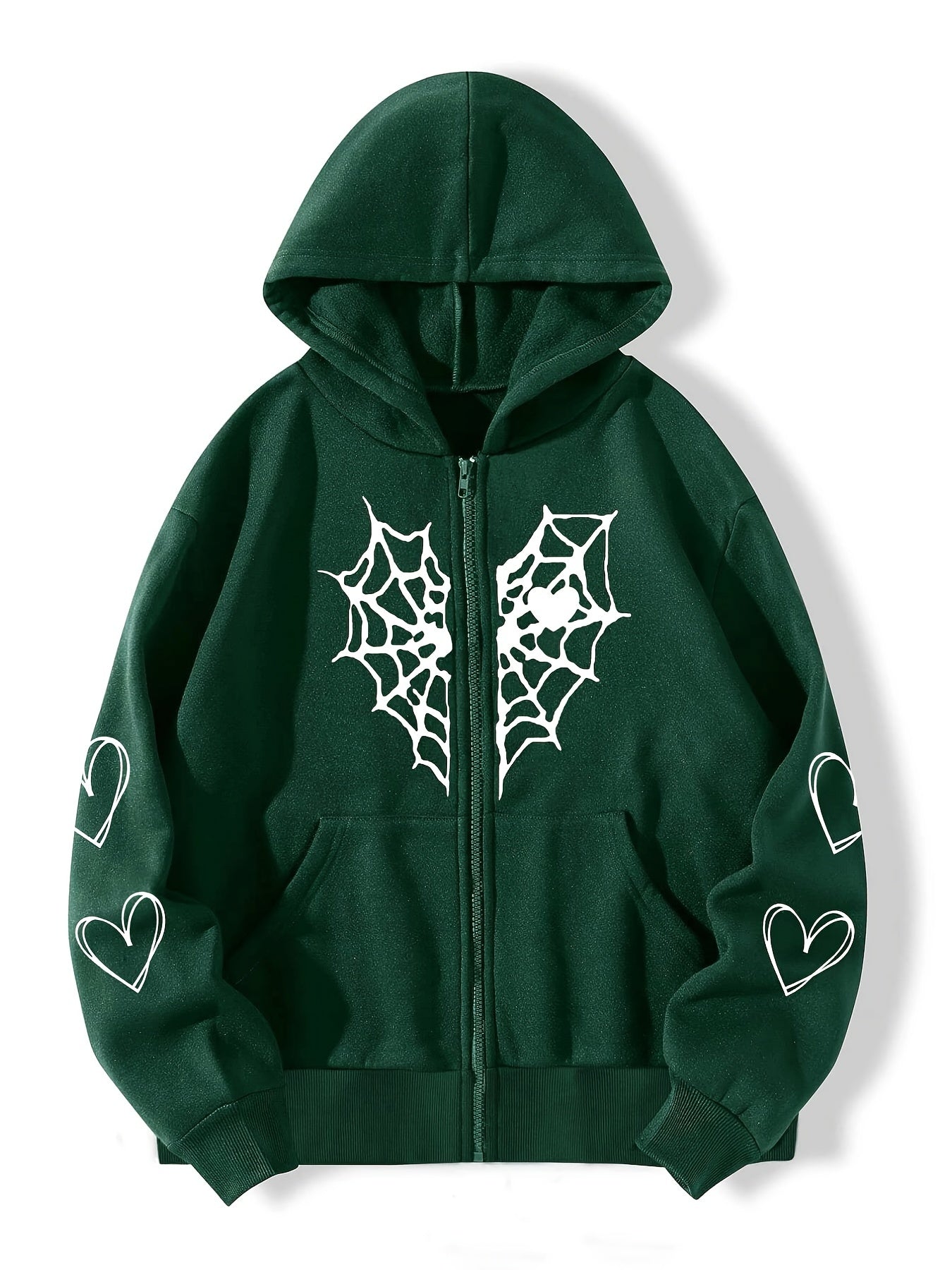 Heart Print Drawstring Hoodie Zip Sweatshirt