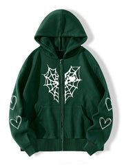 Heart Print Drawstring Hoodie Zip Sweatshirt