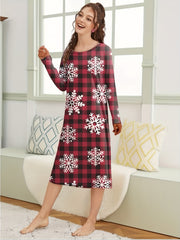Snowflake Print NightDress Christmas Long Sleeve Plaid Pajama Dress