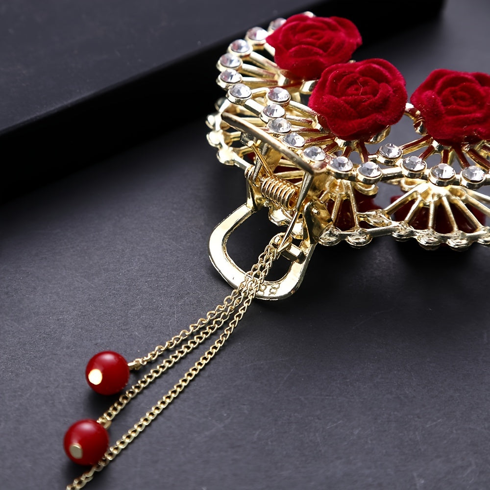 Chinese Style Rose Hair Clip Alloy Hairpin Decorated With Rhinestones Tassel