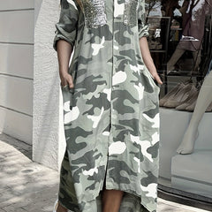 Camo Print Shirt Dress Long Sleeve Button Front Collar Dress