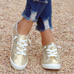 Golden Lace Up Skate Sneakers Lightweight Anti slip Flat Sneakers