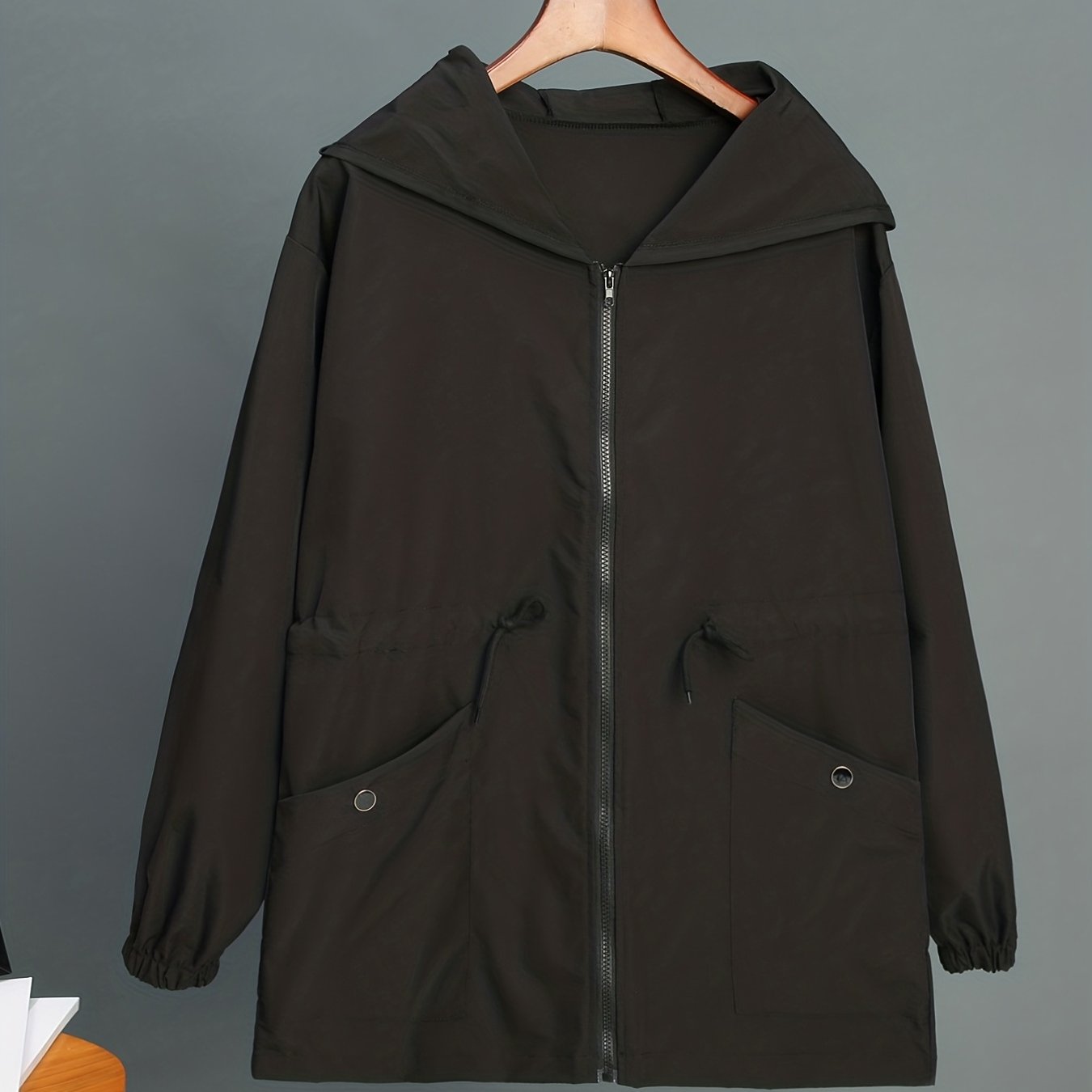 Solid Pockets Hooded Jacket Zip Up Casual Long Sleeve