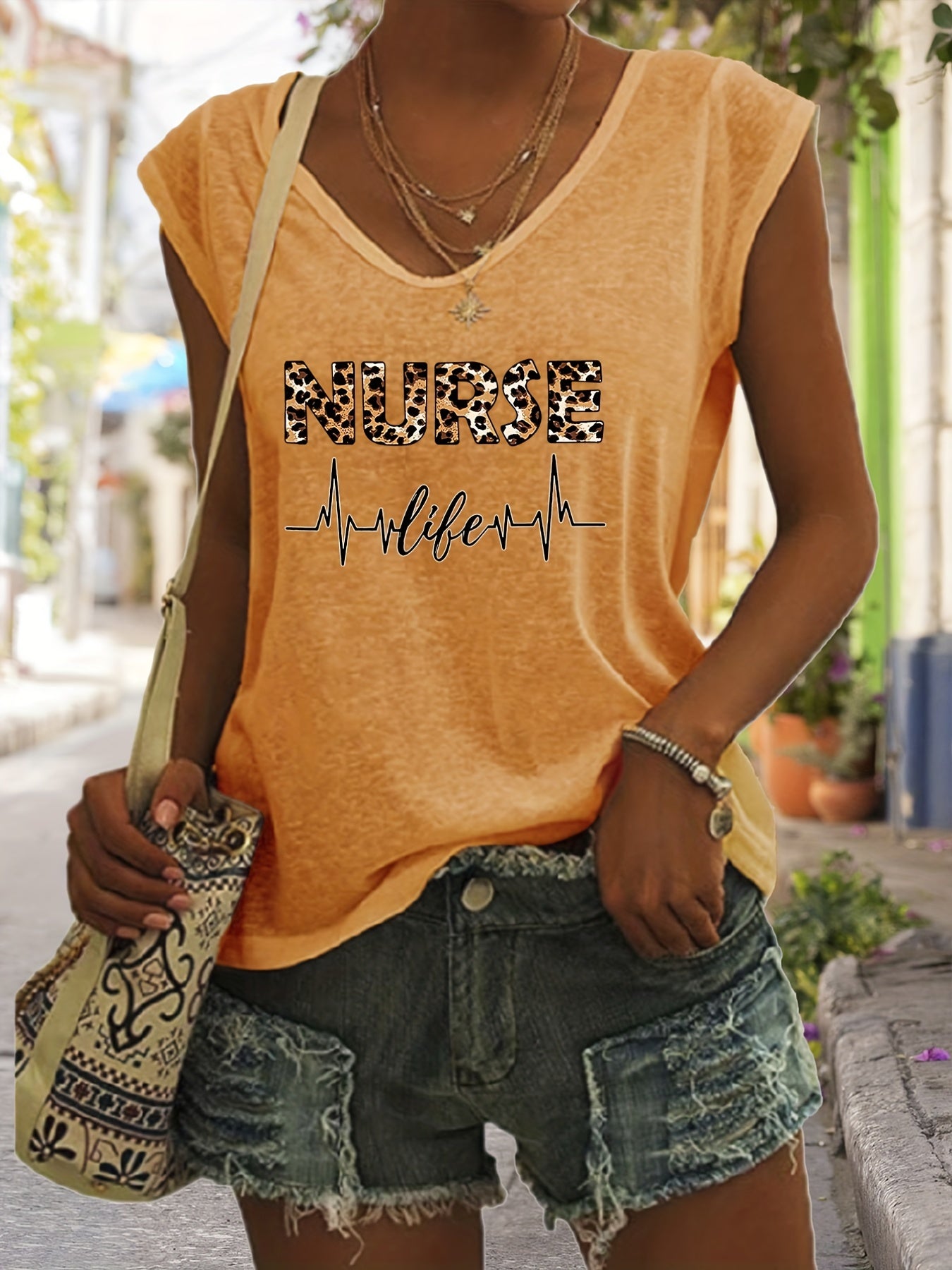Nurse Life Print Tank Top V Neck Casual Top