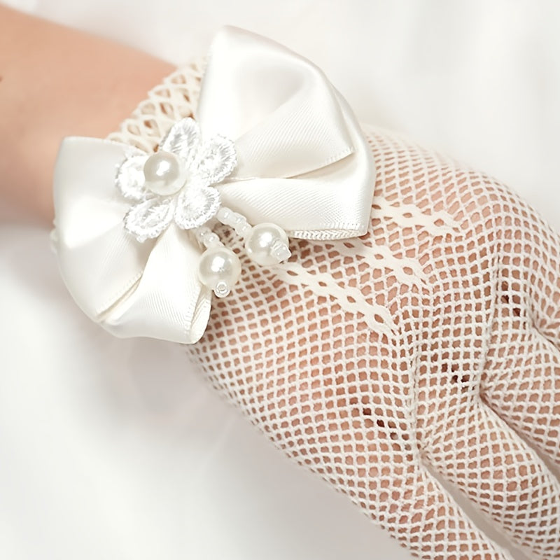 Girls Mesh Bow Lace Faux Pearl Gloves Party Supplies