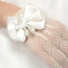 Girls Mesh Bow Lace Faux Pearl Gloves Party Supplies