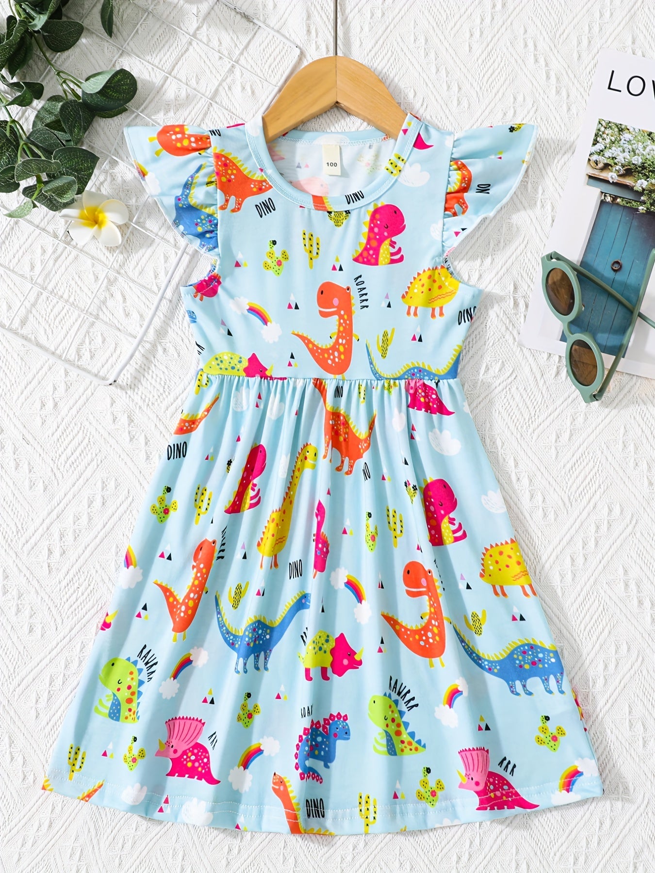 Girls' Fun Dino Cartoon Dress Short Sleeve Comfy Casual Party Vacation Kids Gift