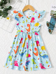 Girls' Fun Dino Cartoon Dress Short Sleeve Comfy Casual Party Vacation Kids Gift
