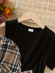 Girls' Asymmetric Plaid Stitching Short Sleeve Casual Dress