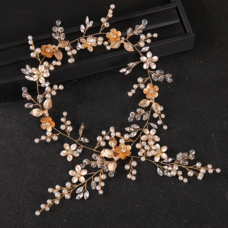 Long Flower Bridal Headbands Golden Silver Faux Pearl Crystal Hair Vines